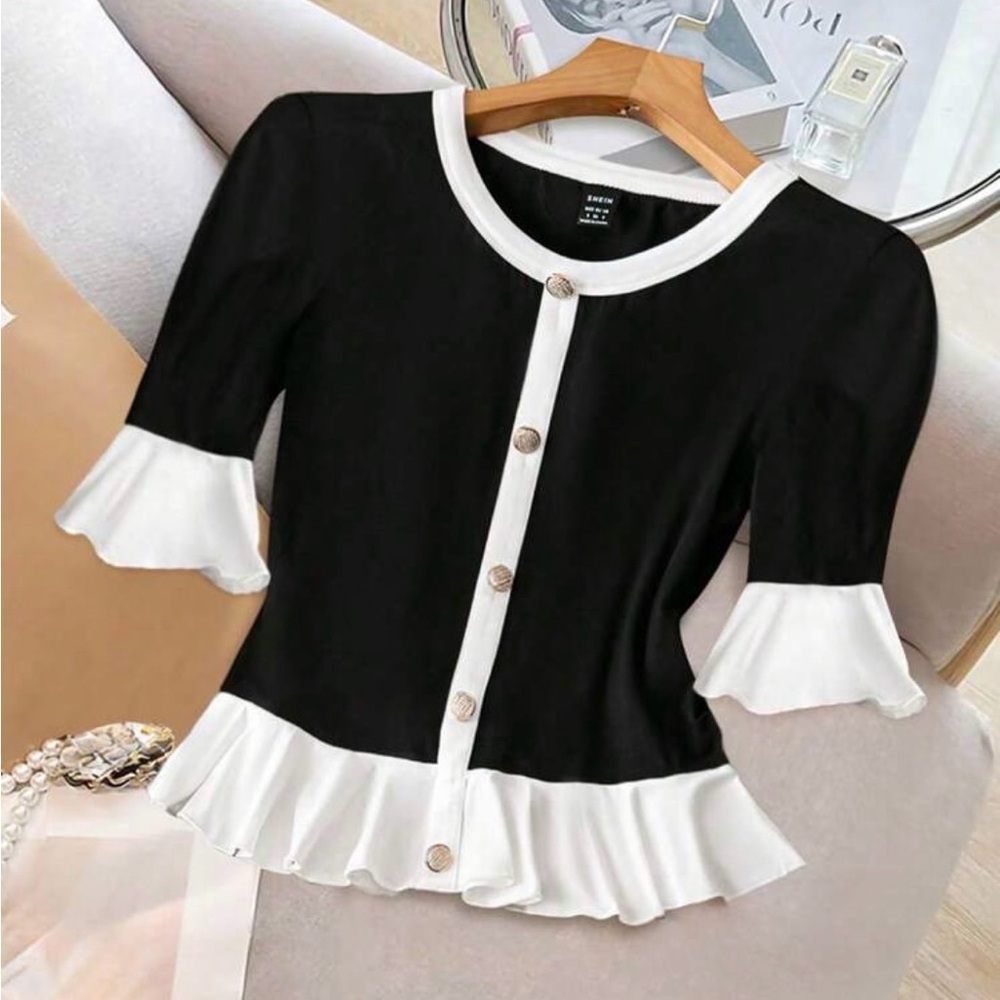 SHEIN Black and White Ruffle-Trim Button Down Top